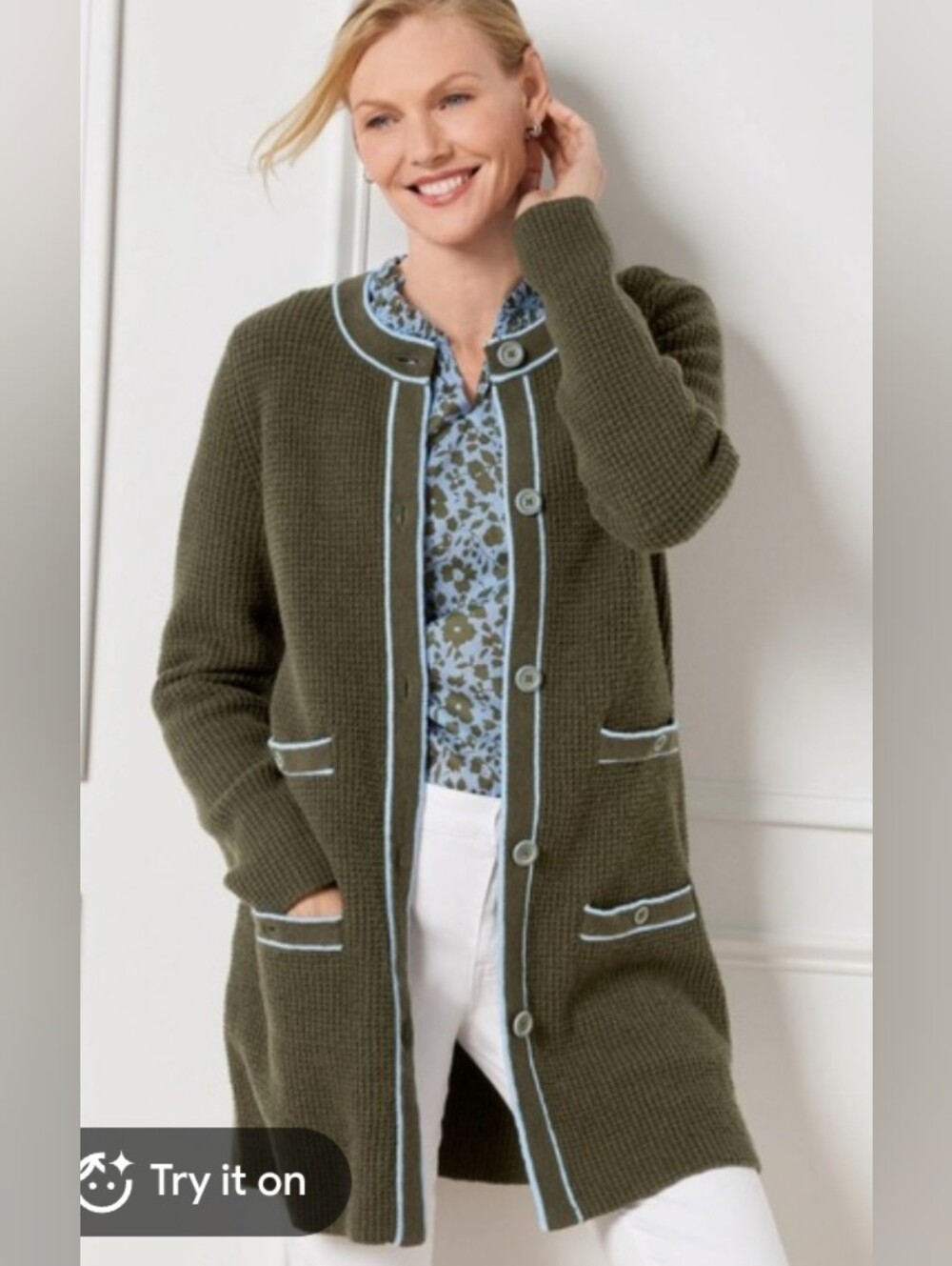Olive Long Knit Waffle Cardigan with Contrast Trim M